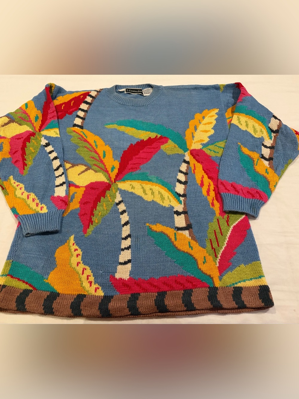 Vintage Christine Fiedler Blue Palm-Print Crewneck Sweater
